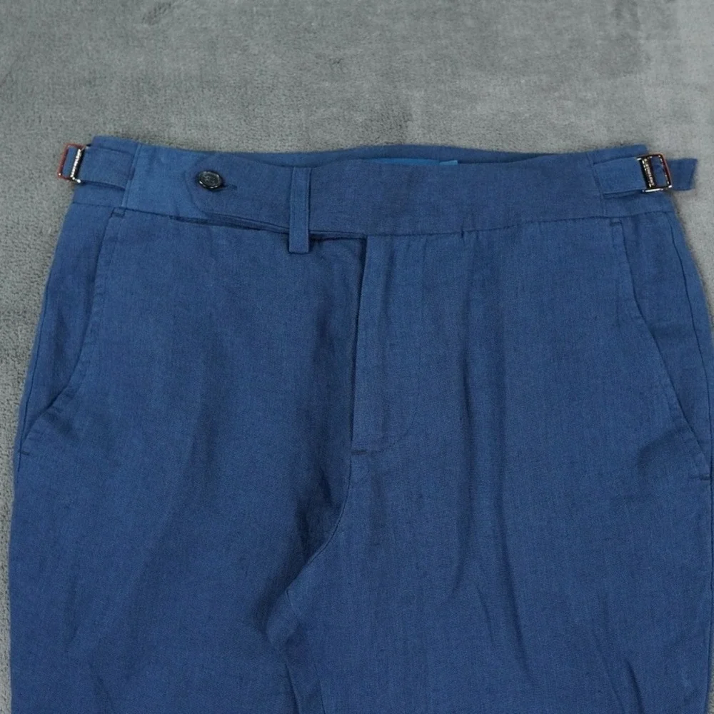 Barthelemy Men's 100% Linen Side Adjuster Pants Blue Size 36 Luxury Resort